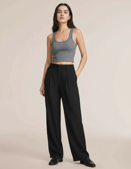 Pantalon Fluide Femme Noir Palazzo Polyester Chic Mi-saison