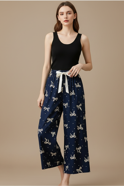 Pantalon Fluide Bleu Marine Imprimé Nœuds Ample Décontracté - Viscose