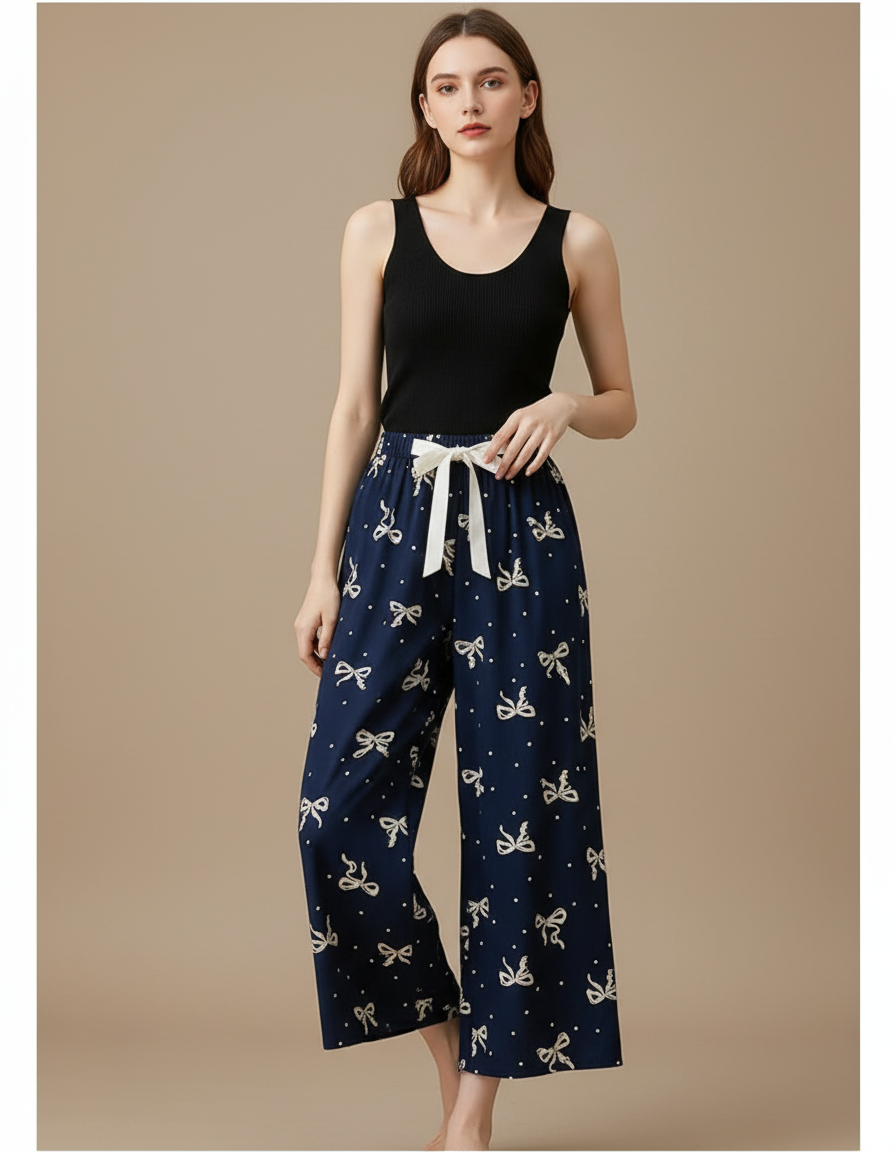 Pantalon Fluide Bleu Marine Imprimé Nœuds Ample Décontracté - Viscose