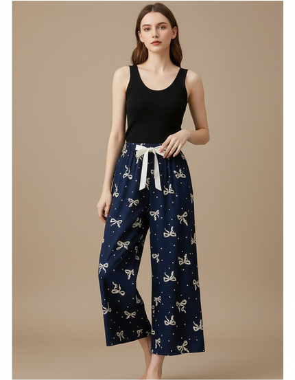 Pantalon Fluide Bleu Marine Imprimé Nœuds Ample Décontracté - Viscose