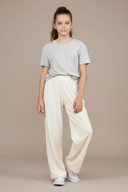 Pantalon Fluide Écru Côtelé Ample Décontracté Fille - Beige Cordé