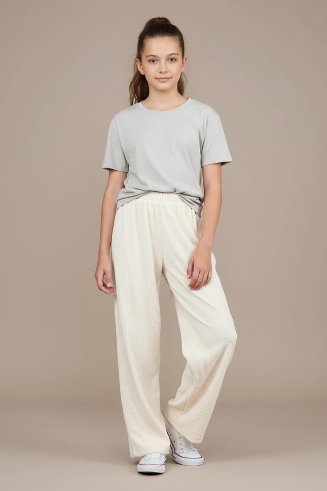Pantalon Fluide Écru Côtelé Ample Décontracté Fille - Beige Cordé