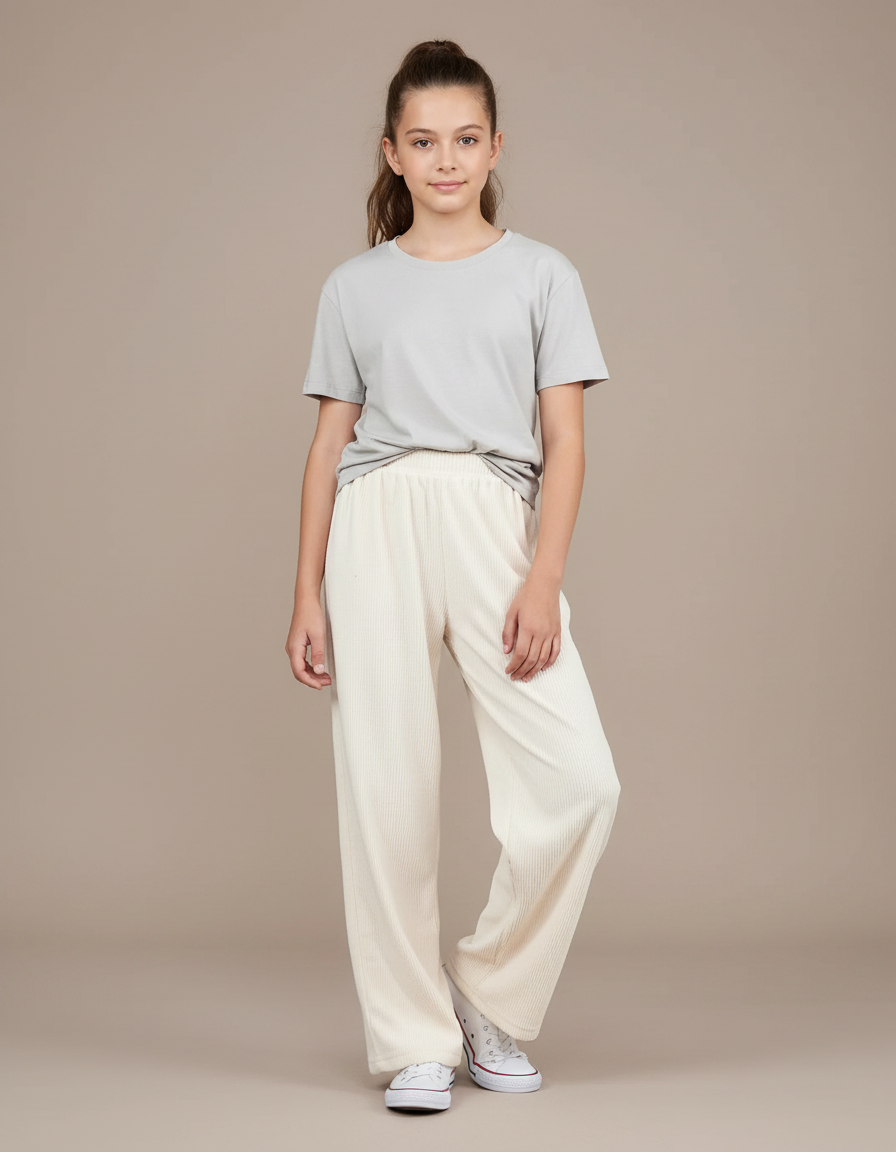 Pantalon Fluide Écru Côtelé Ample Décontracté Fille - Beige Cordé