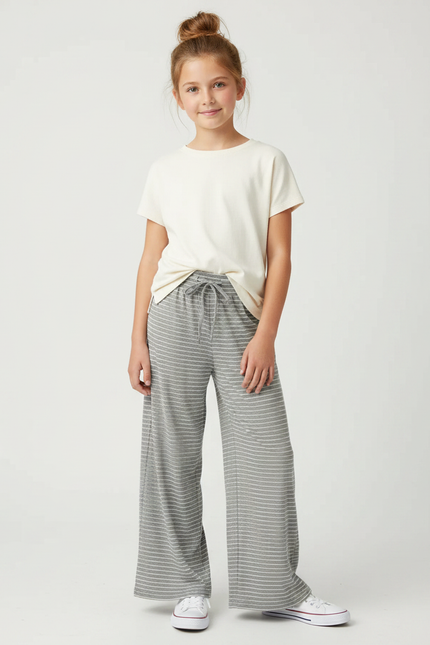 Pantalon Fluide Rayé Gris Ample Cordon Confortable - Maille