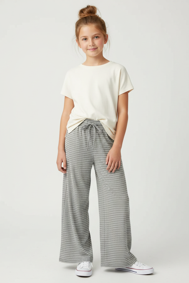 Pantalon Fluide Rayé Gris Ample Cordon Confortable - Maille