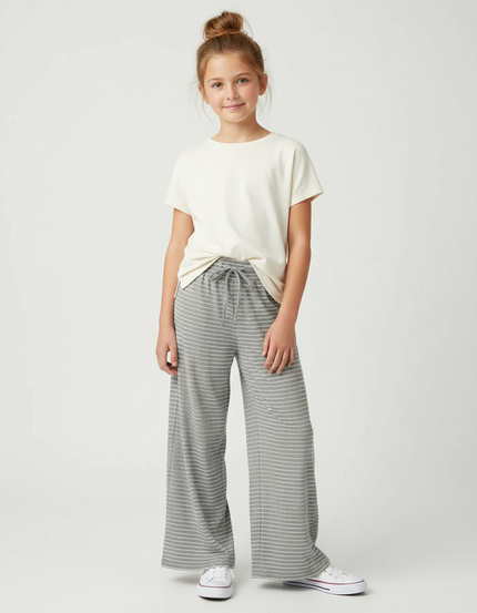 Pantalon Fluide Rayé Gris Ample Cordon Confortable - Maille