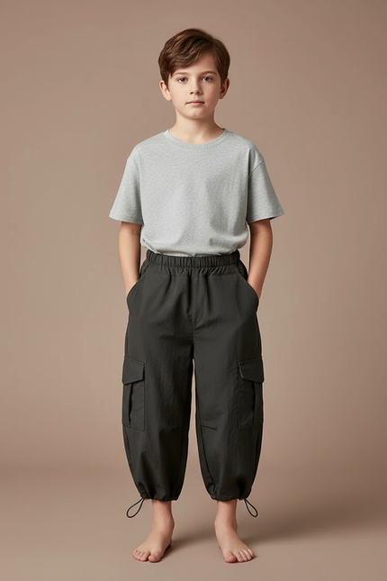 Pantalon Fluide Cargo Ample Coton Garçon - Kaki Polyester