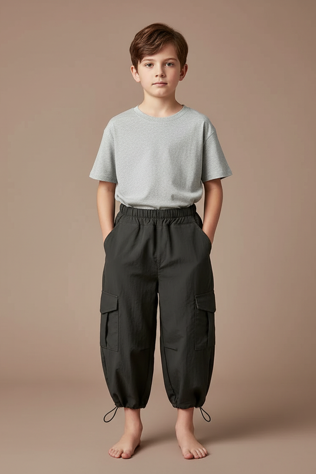 Pantalon Fluide Cargo Ample Coton Garçon - Kaki Polyester