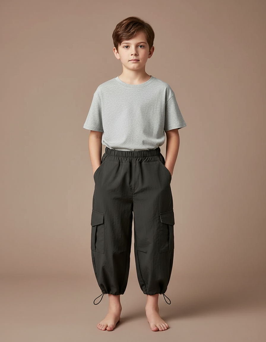 Pantalon Fluide Cargo Ample Coton Garçon - Kaki Polyester