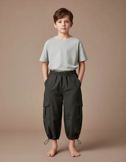 Pantalon Fluide Cargo Ample Coton Garçon - Kaki Polyester