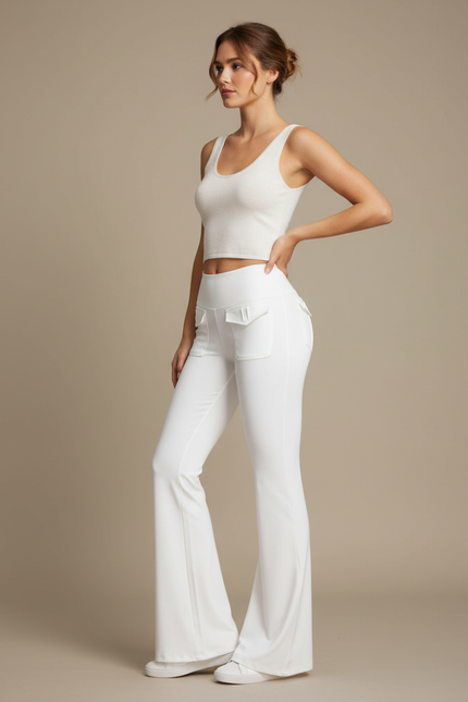 Pantalon Fluide Blanc Taille Haute Évasé Poches Yoga - Maille