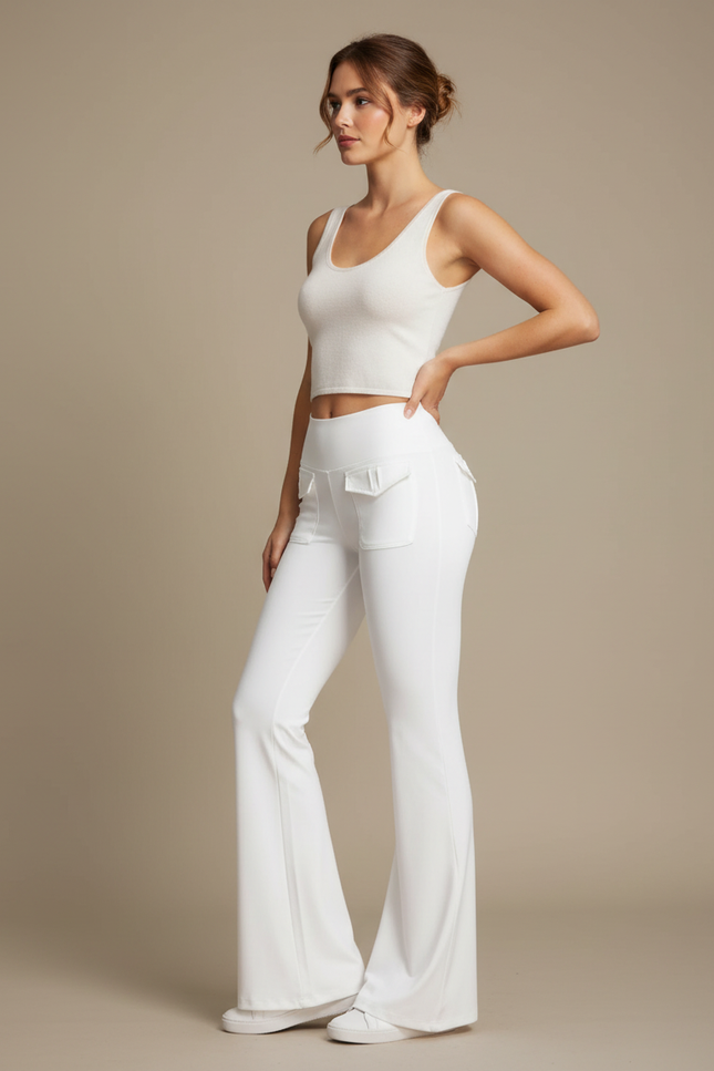 Pantalon Fluide Blanc Taille Haute Évasé Poches Yoga - Maille