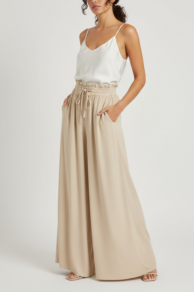 Pantalon Fluide Beige Large Taille Haute Cordon Décontracté - Viscose