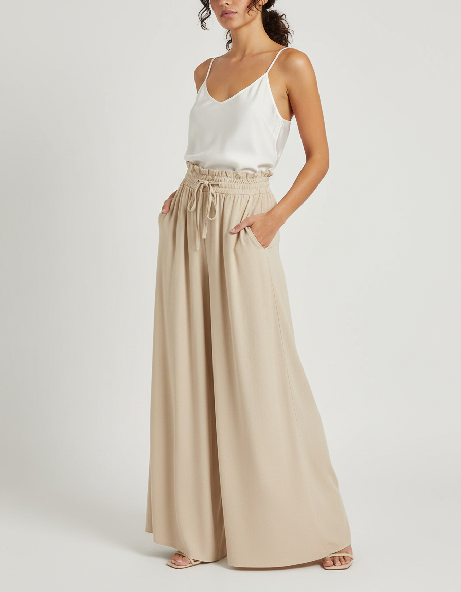 Pantalon Fluide Beige Large Taille Haute Cordon Décontracté - Viscose