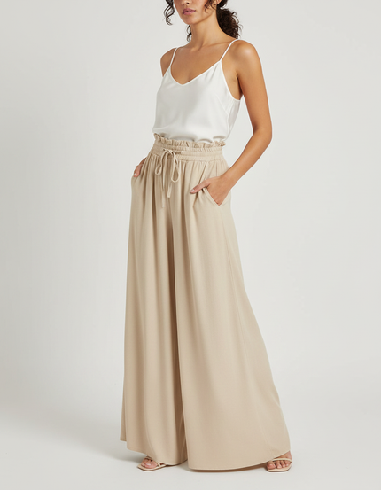 Pantalon Fluide Beige Large Taille Haute Cordon Décontracté - Viscose