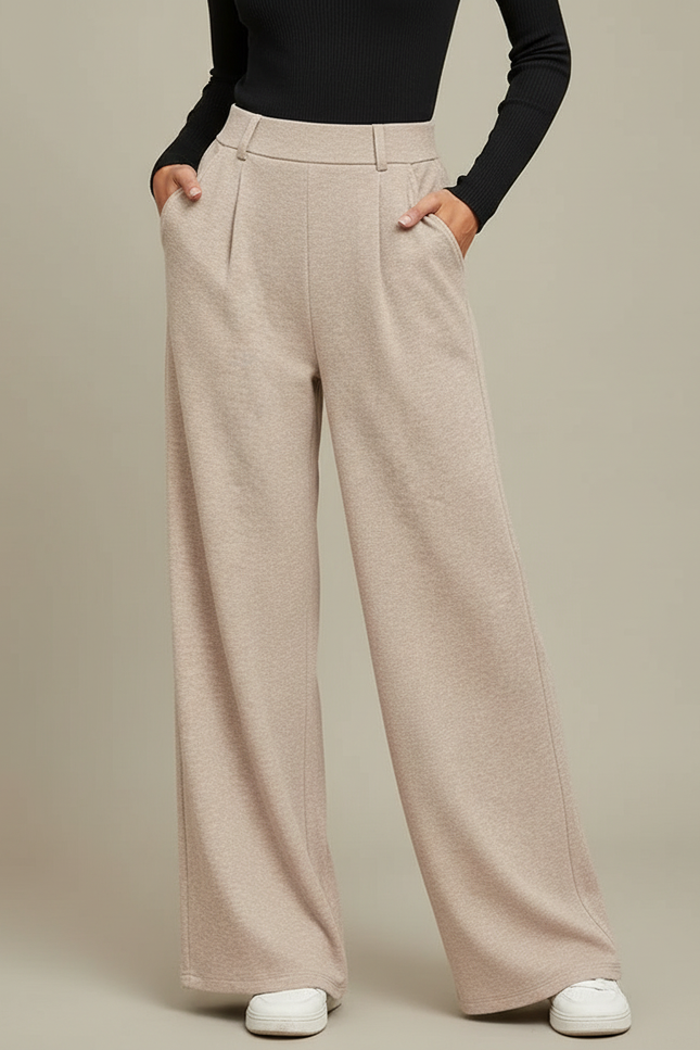 Pantalon Fluide Beige Large Confortable Décontracté Plissé - Molleton