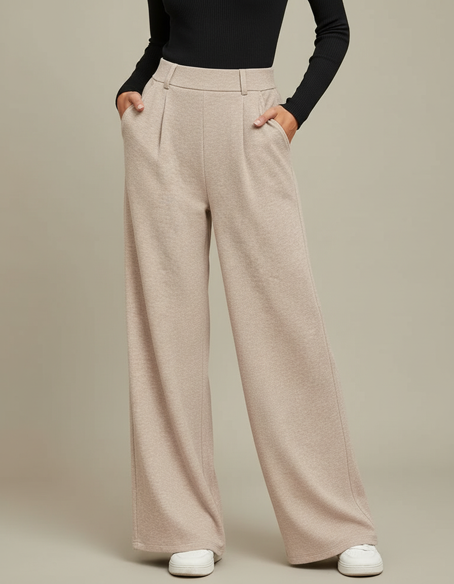 Pantalon Fluide Beige Large Confortable Décontracté Plissé - Molleton
