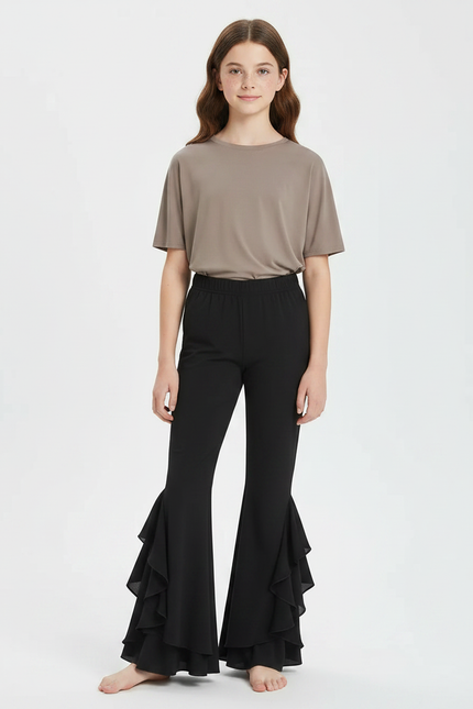Pantalon Fluide Noir Évasé Volants Chiffon Élégant - Polyester