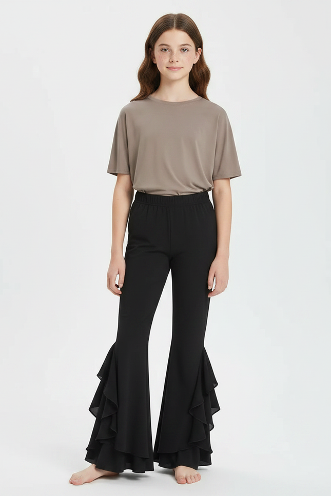 Pantalon Fluide Noir Évasé Volants Chiffon Élégant - Polyester