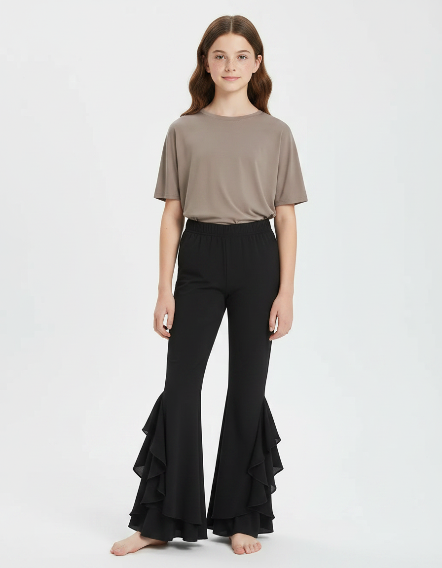 Pantalon Fluide Noir Évasé Volants Chiffon Élégant - Polyester