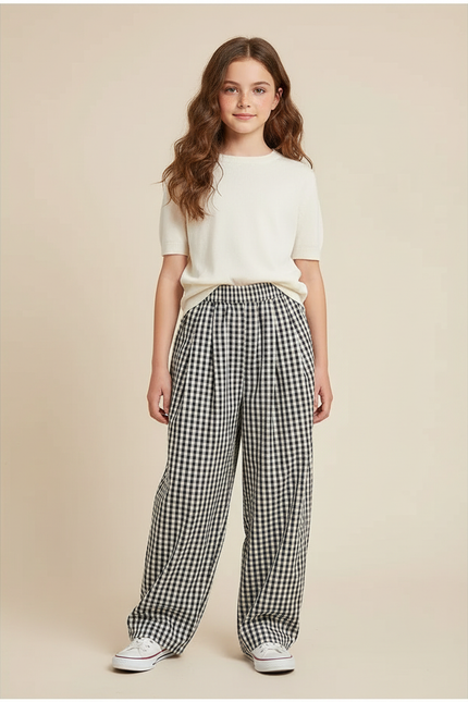 Pantalon Fluide Carreaux Vichy Ample Noir Blanc Fille - Imprimé Viscose
