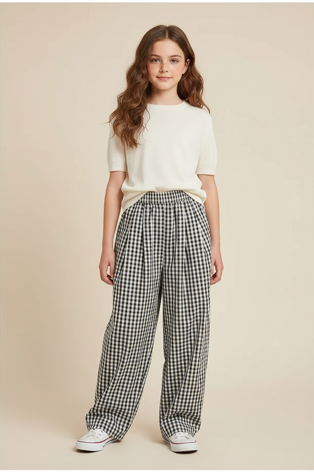 Pantalon Fluide Carreaux Vichy Ample Noir Blanc Fille - Imprimé Viscose