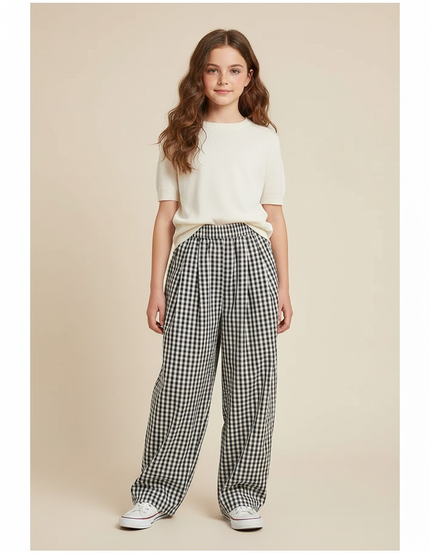 Pantalon Fluide Carreaux Vichy Ample Noir Blanc Fille - Imprimé Viscose