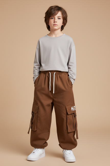 Pantalon Fluide Marron Ample Cargo Enfant Décontracté - Molleton