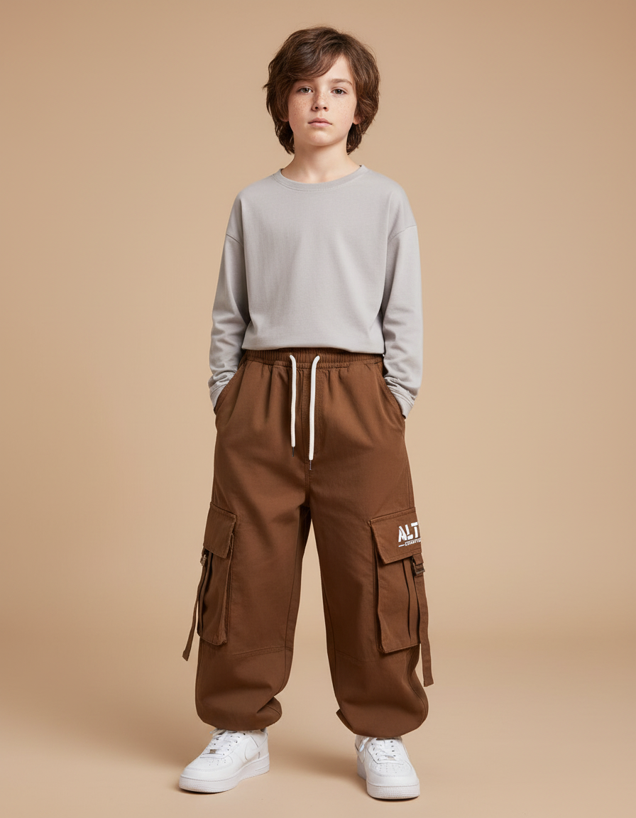 Pantalon Fluide Marron Ample Cargo Enfant Décontracté - Molleton