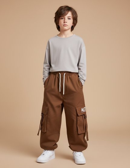 Pantalon Fluide Marron Ample Cargo Enfant Décontracté - Molleton