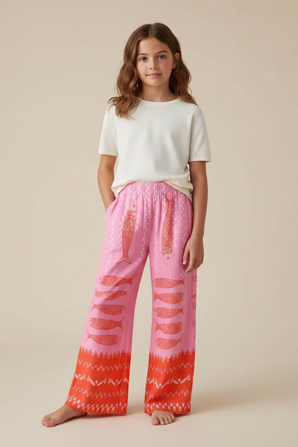 Pantalon Fluide Rose Imprimé Poissons Ample Décontracté - Viscose