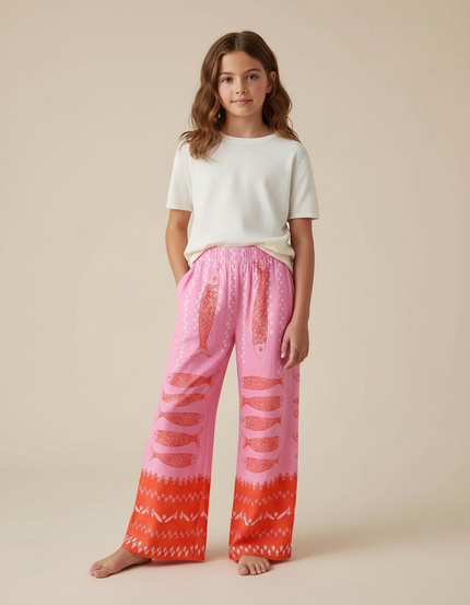 Pantalon Fluide Rose Imprimé Poissons Ample Décontracté - Viscose