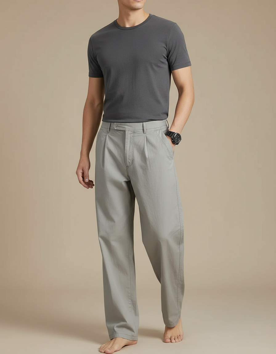 Pantalon Fluide Gris Ample Décontracté Coton Homme