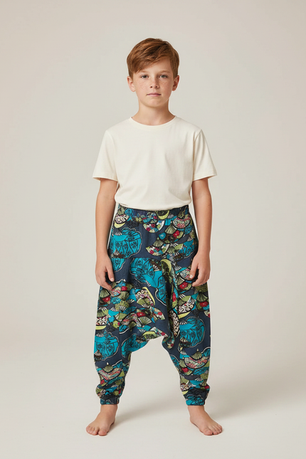 Pantalon Fluide Bleu Marine Imprimé Floral Ample Garçon - Multicolore Viscose