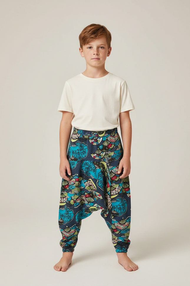 Pantalon Fluide Bleu Marine Imprimé Floral Ample Garçon - Multicolore Viscose