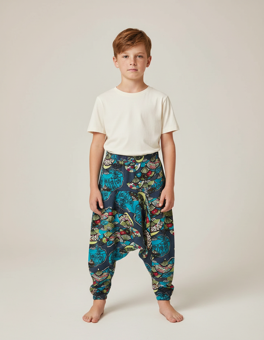 Pantalon Fluide Bleu Marine Imprimé Floral Ample Garçon - Multicolore Viscose