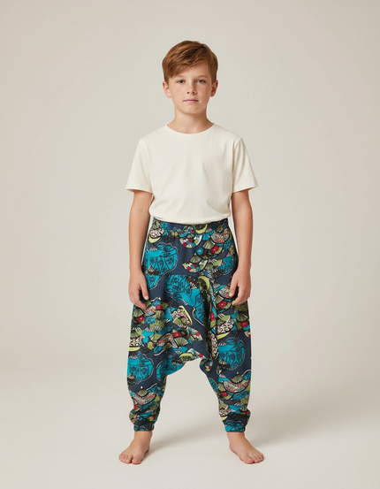 Pantalon Fluide Bleu Marine Imprimé Floral Ample Garçon - Multicolore Viscose