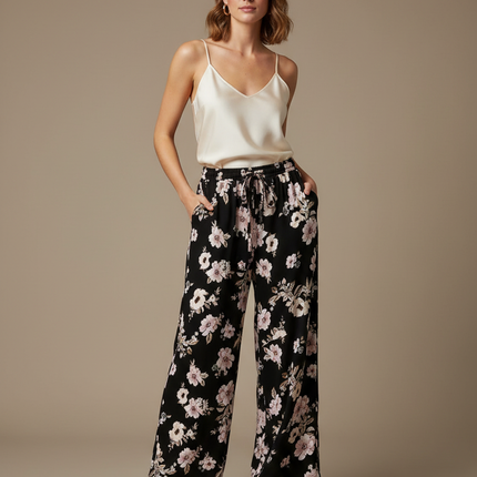 Pantalon Fluide Noir Fleuri Ample Confortable Imprimé Floral - Viscose