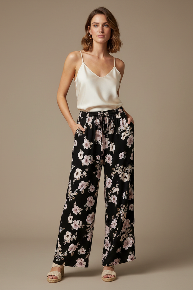 Pantalon Fluide Noir Fleuri Ample Confortable Imprimé Floral - Viscose