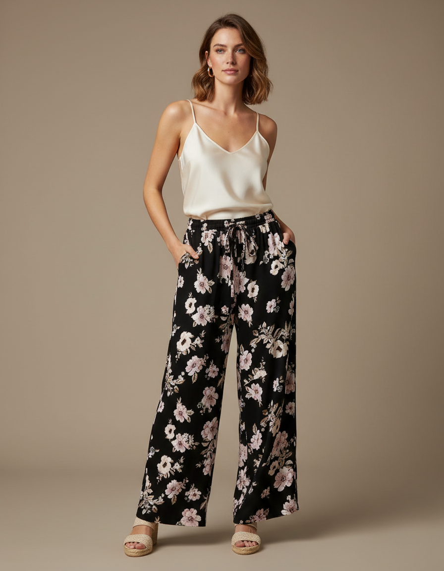 Pantalon Fluide Noir Fleuri Ample Confortable Imprimé Floral - Viscose