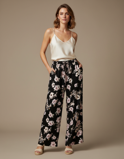 Pantalon Fluide Noir Fleuri Ample Confortable Imprimé Floral - Viscose