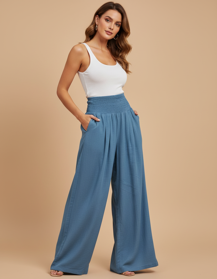Pantalon Fluide Femme Bleu - Viscose