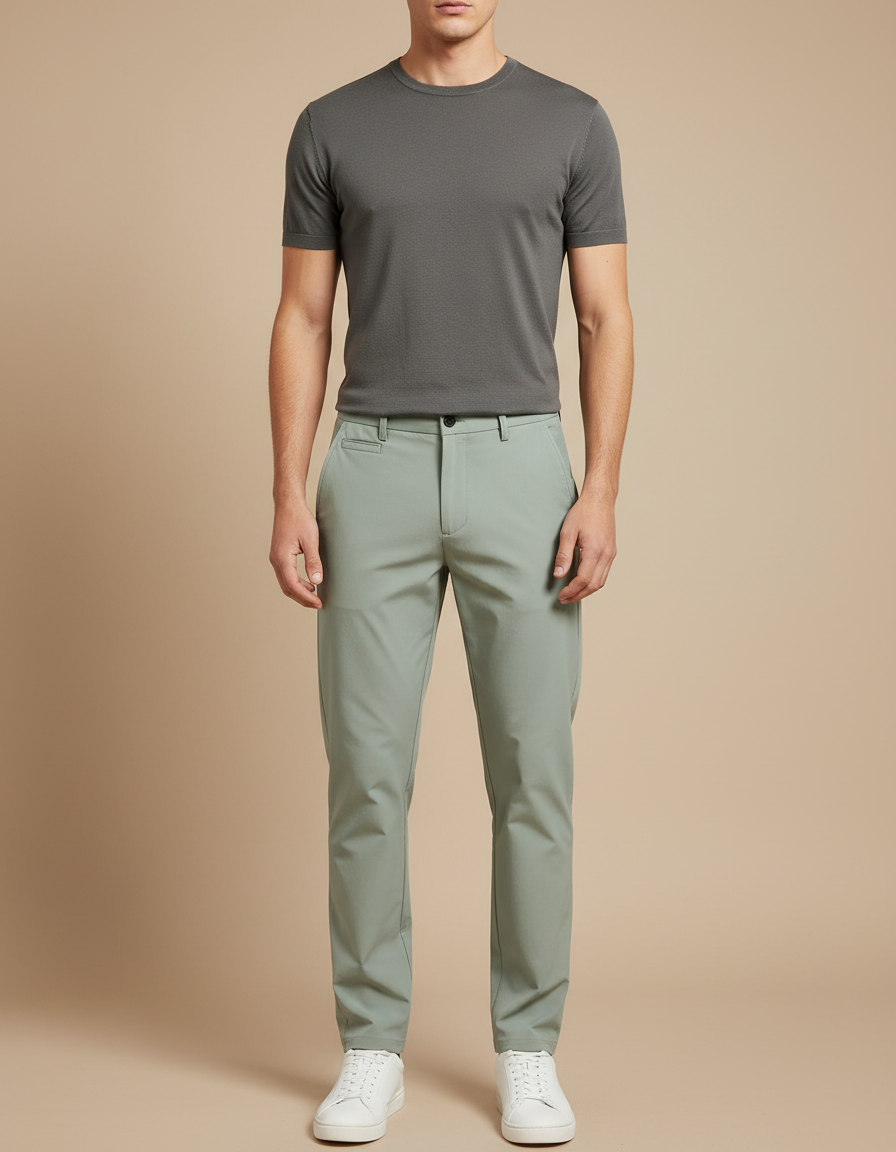 Pantalon Fluide Homme Vert Clair Ajusté Casual - Polyester