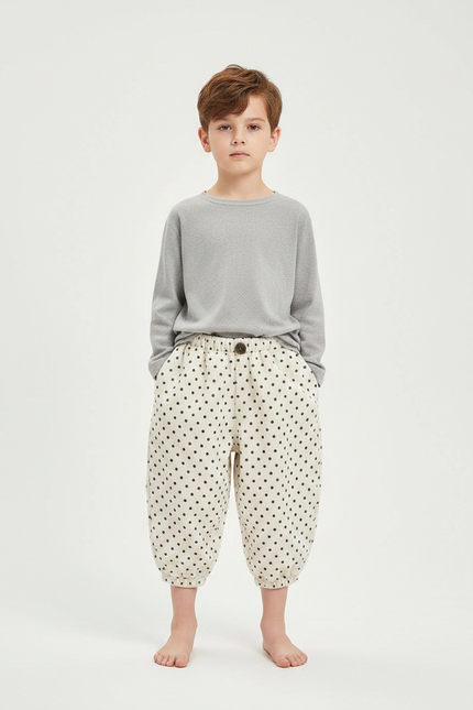 Pantalon Fluide Polka Dot Ample Écru Confortable - Beige Coton