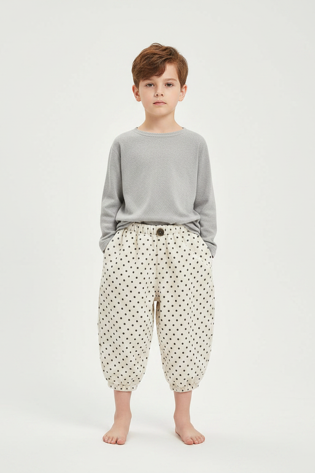 Pantalon Fluide Polka Dot Ample Écru Confortable - Beige Coton
