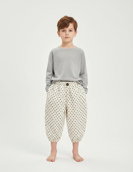 Pantalon Fluide Polka Dot Ample Écru Confortable - Beige Coton