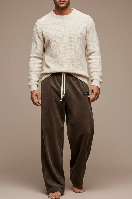 Pantalon Fluide Côtelé Marron Décontracté Homme Ample - Cordé