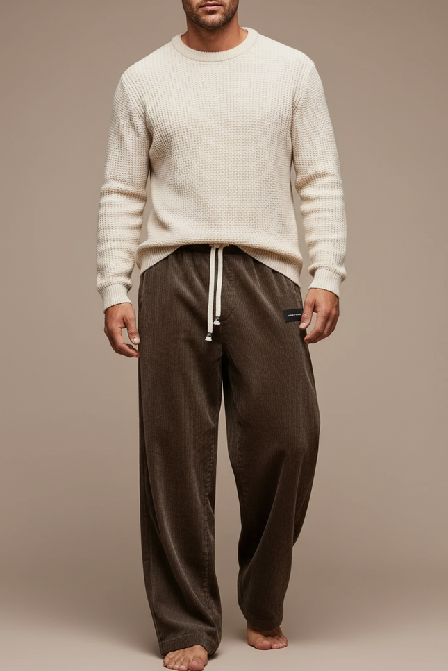 Pantalon Fluide Côtelé Marron Décontracté Homme Ample - Cordé