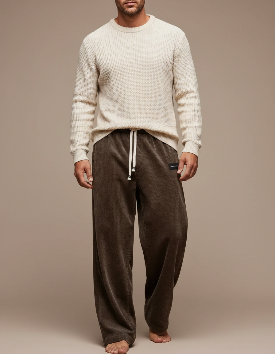 Pantalon Fluide Côtelé Marron Décontracté Homme Ample - Cordé