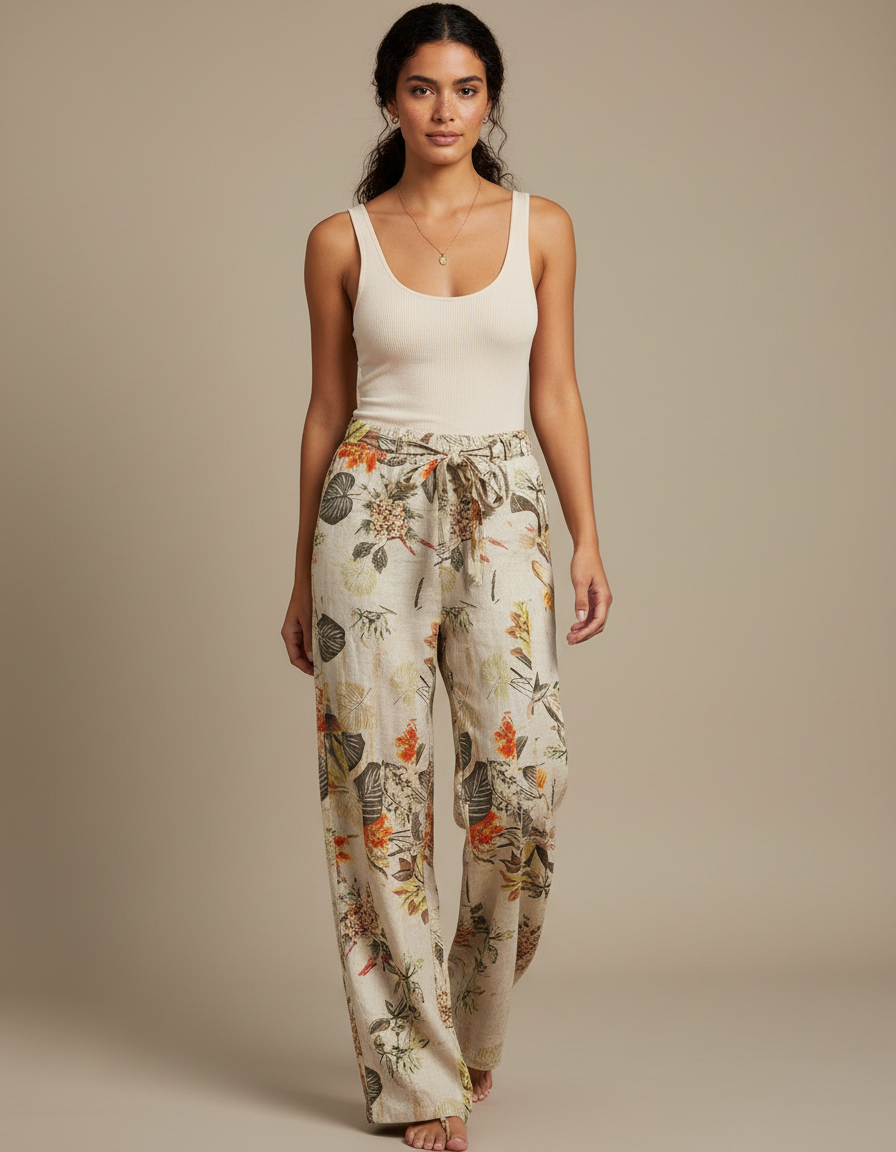 Pantalon Fluide Imprimé Floral Lin Ample Élégant Femme